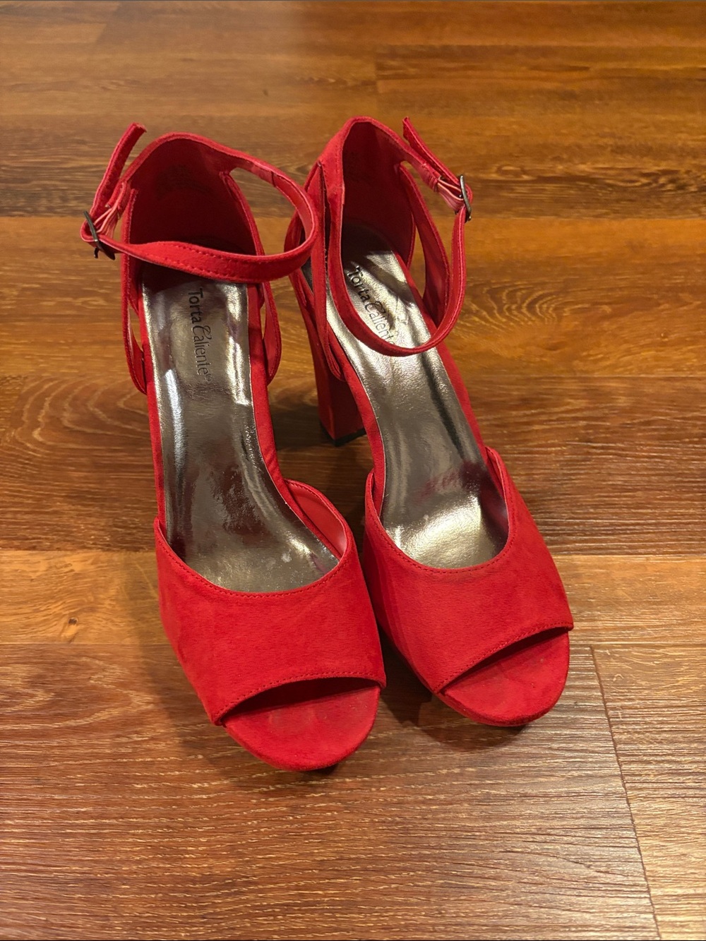 Red Suede Ankle-Strap Block Heels